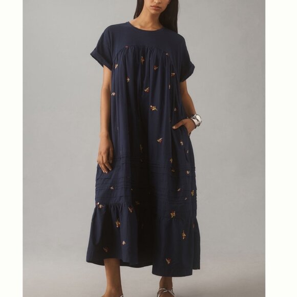 NWT Anthropologie Navy Floral Short-Sleeve A-Line T-Shirt Maxi Dress in X-Large - Picture 1 of 13